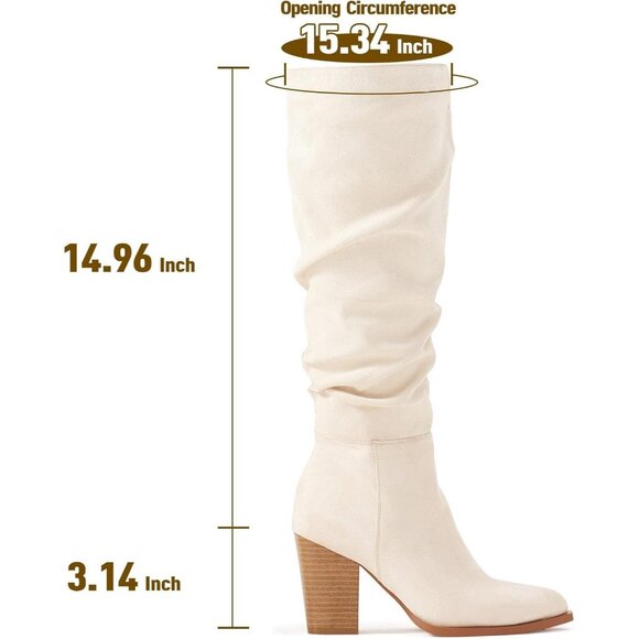 Women's Pointed Toe Knee High Faux Suede Slouch Beige High Boots Chunky Heels - Picture 5 of 6